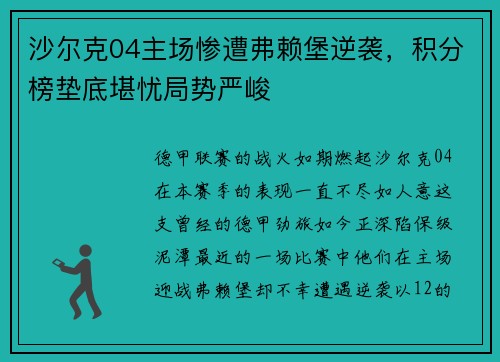 沙尔克04主场惨遭弗赖堡逆袭，积分榜垫底堪忧局势严峻